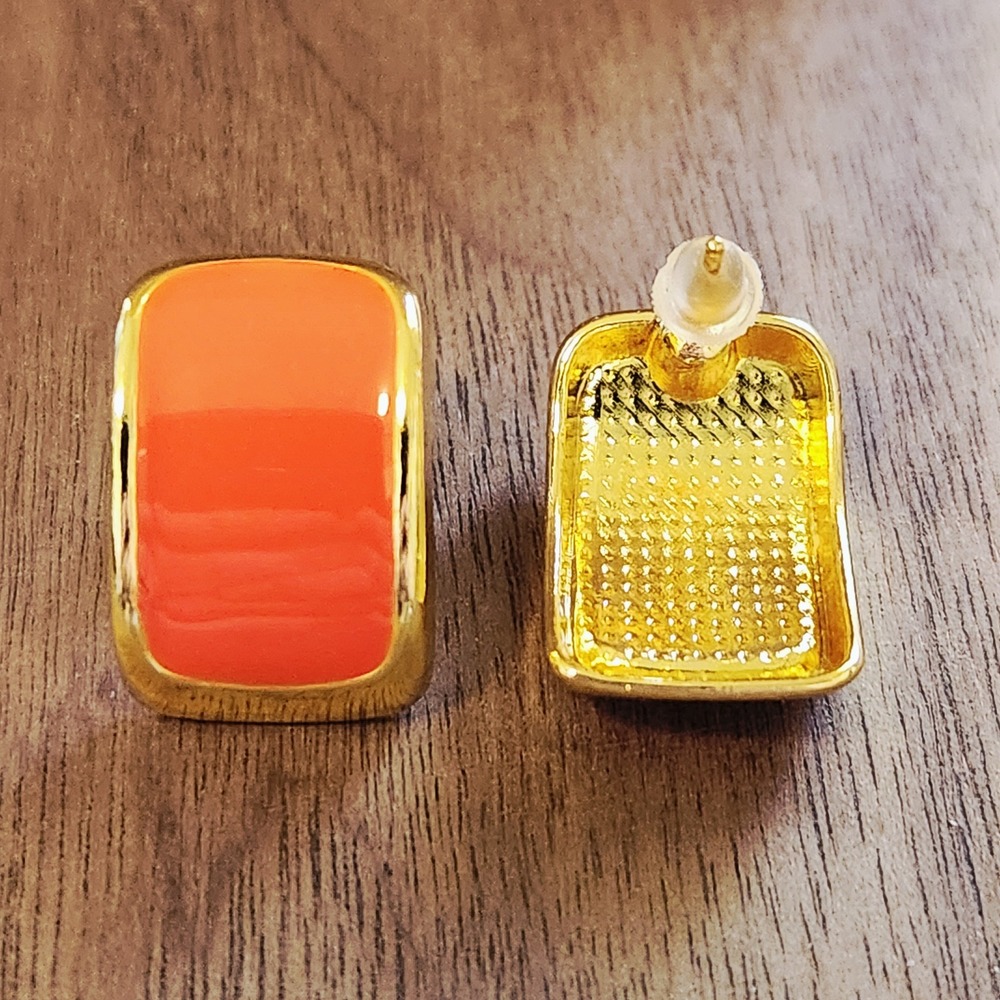 Orange Enamel Gold Tone Rectangular Stud Earrings Bold Minimalist Modern Jewelry - Picture 3 of 5